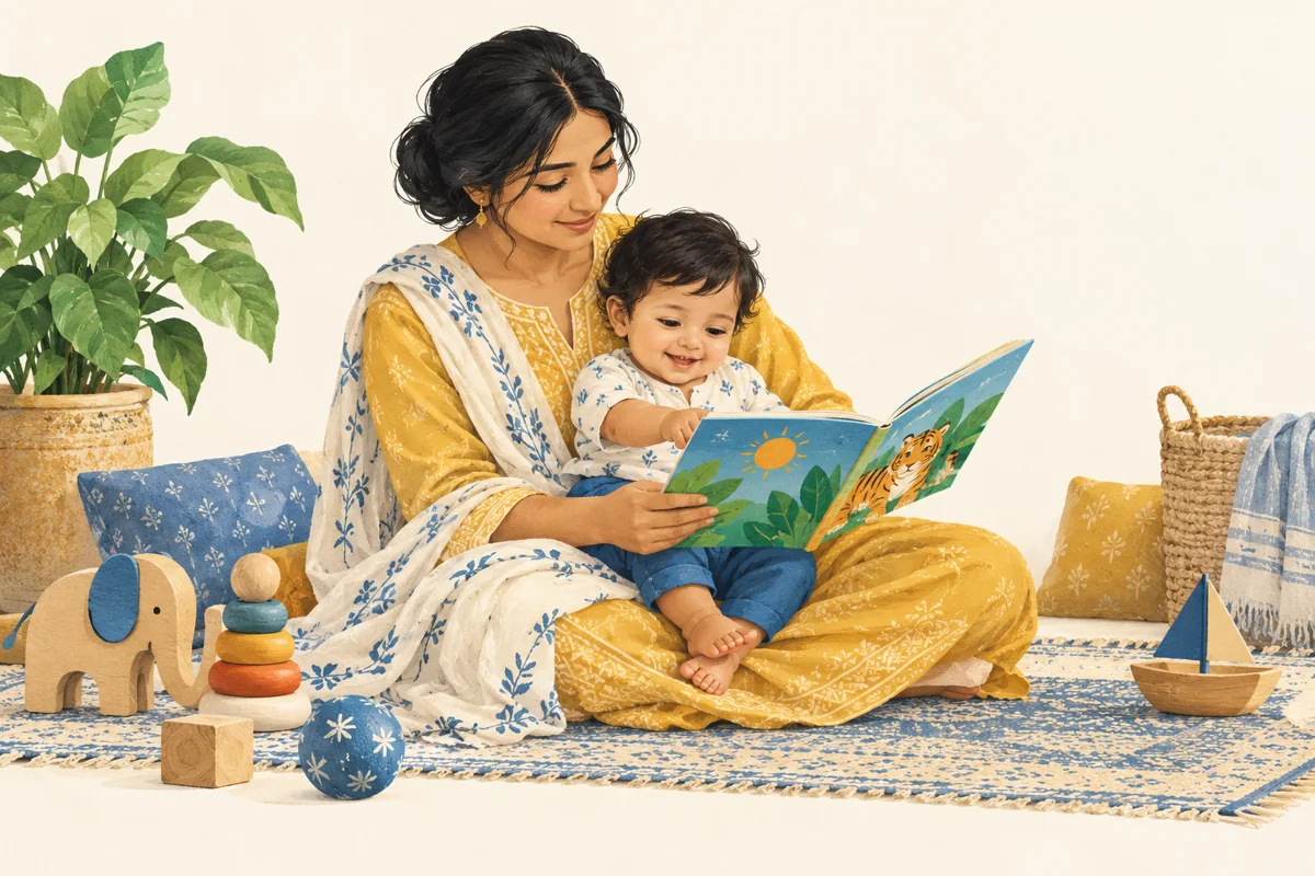 মায়ের কোলে শিশু, দুজন মিলে একটি ছবির বই দেখছেন