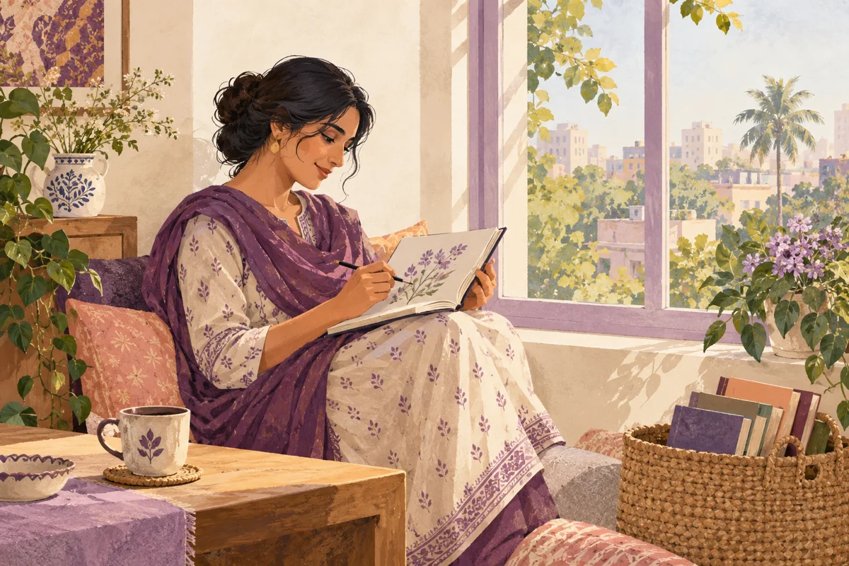 A woman sitting on a balcony and drawing in her notebook
