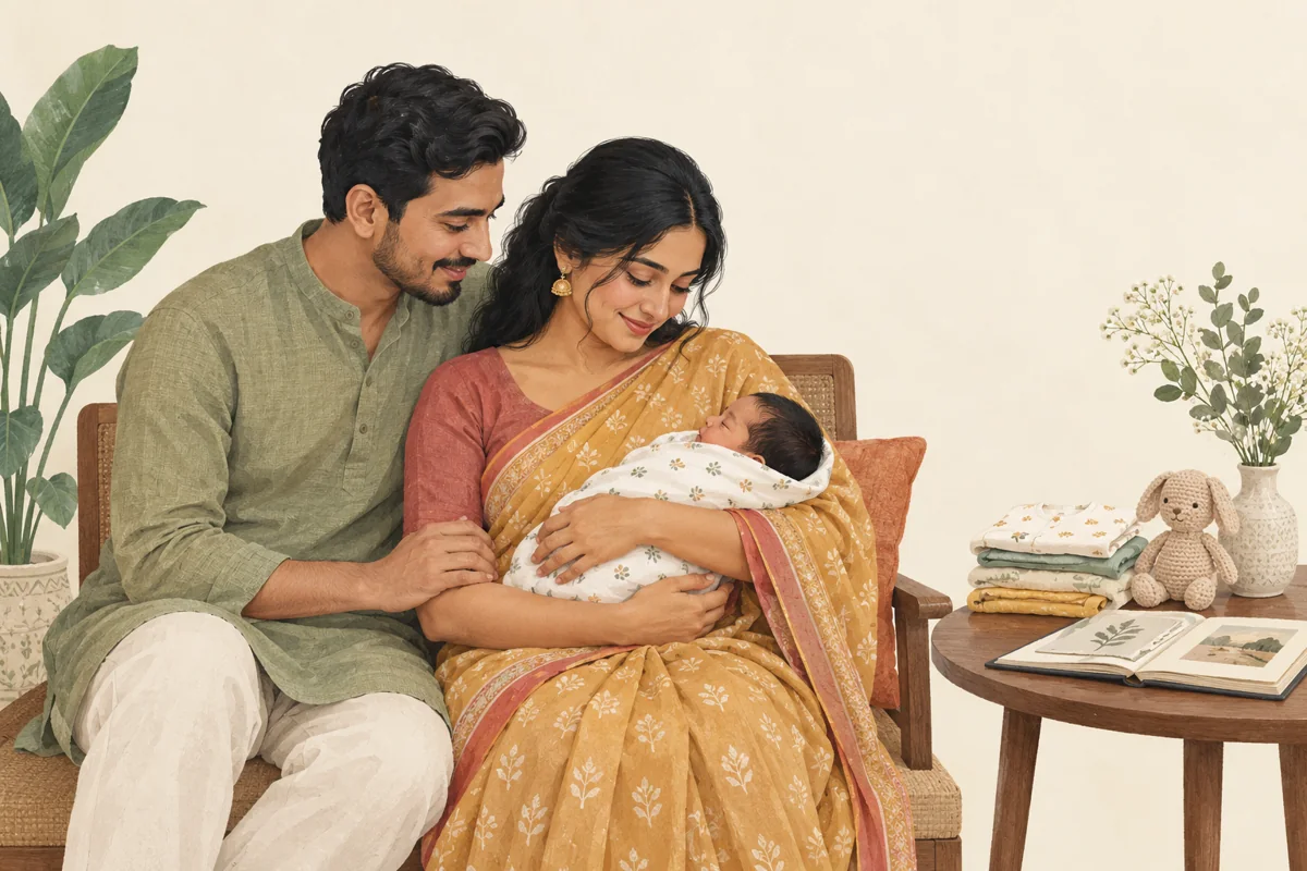 বাবা-মা পাশাপাশি বসে কোলে থাকা নবজাতকের দিকে তাকিয়ে আছেন