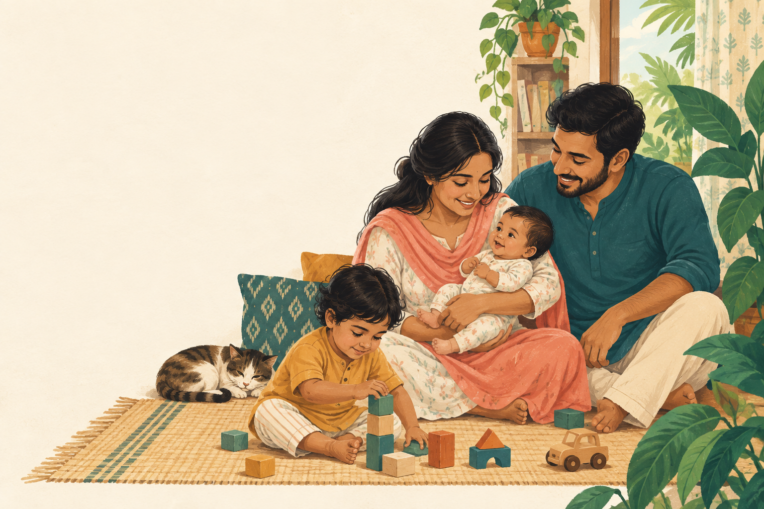 ঘরের মাদুরে দুই অভিভাবক, কোলে শিশু ও পাশে খেলায় ব্যস্ত আরেক শিশু—একটি কাল্পনিক পরিবারের আঁকা ছবি।